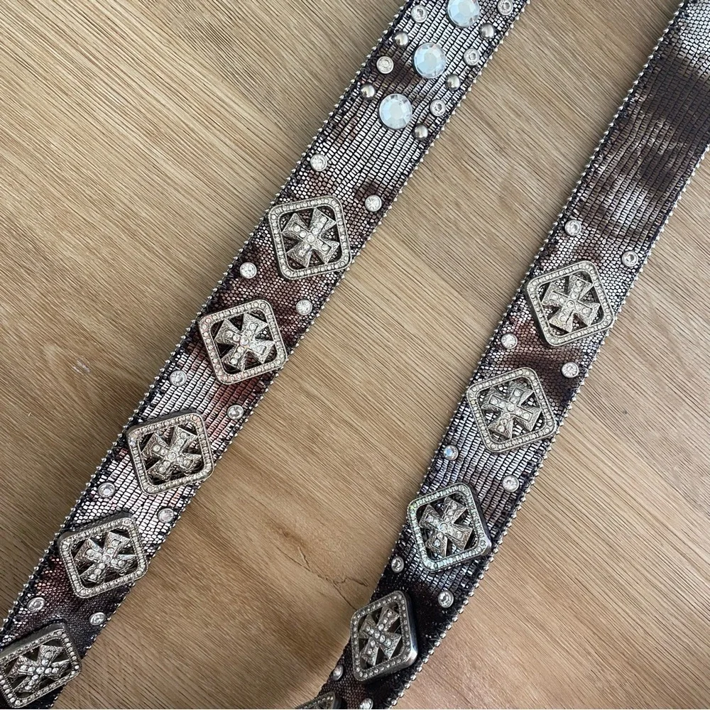 Nocona Belt Co Snake and Cross Rhinestone Leather Belt NEW